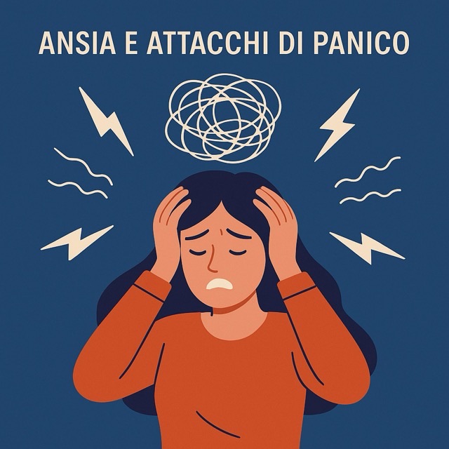 Ansia e attacchi di panico — illustrazione di una donna che si tiene la testa fra le mani con un groviglio di pensieri sopra