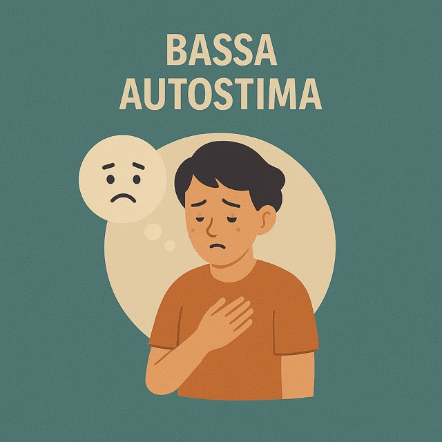 Bassa autostima — illustrazione di un ragazzo con la mano sul petto e accanto un pensiero dal volto triste