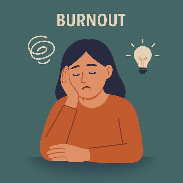 Burnout — illustrazione di una donna esausta appoggiata al tavolo di lavoro
