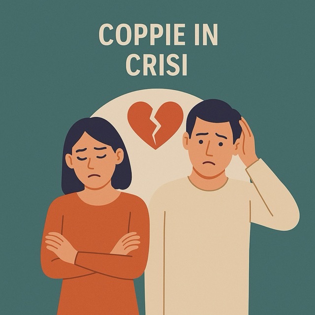 Coppie in crisi — illustrazione di due partner affranti, di spalle l'uno all'altra, con un cuore spezzato fra loro