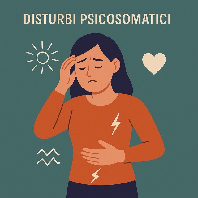 Disturbi psicosomatici — illustrazione di una donna con mal di testa e dolore addominale