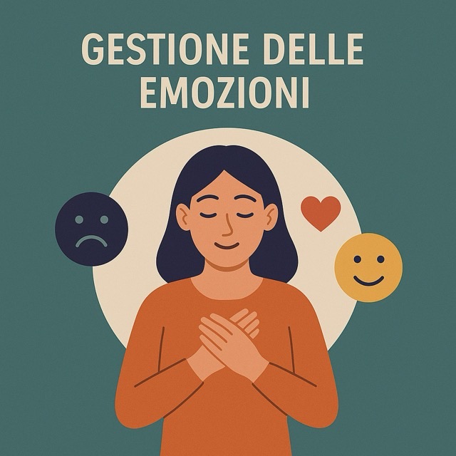 Gestione delle emozioni — illustrazione di una donna serena fra un volto triste e un volto sorridente
