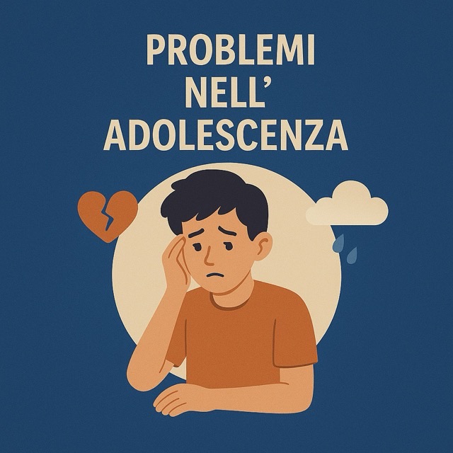 Problemi nell'adolescenza — illustrazione di un ragazzo pensieroso fra un cuore spezzato e una nuvola di pioggia