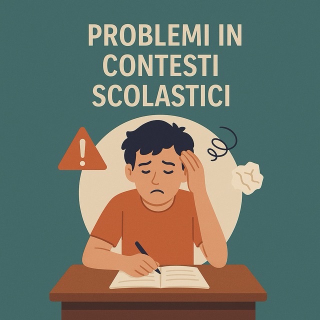Problemi in contesti scolastici — illustrazione di un ragazzo sul quaderno, stanco, con un punto esclamativo di allarme accanto