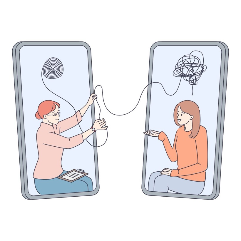 Illustrazione di una consulenza psicologica online: due persone si parlano attraverso lo schermo del telefono