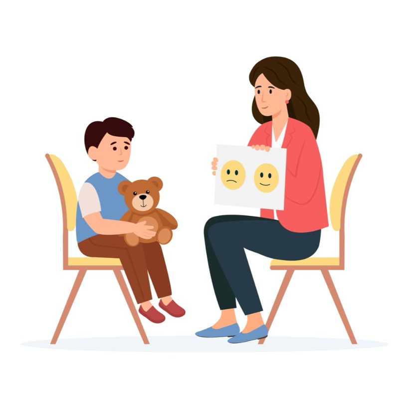 Illustrazione di un incontro di sostegno alla genitorialità: la psicologa mostra a un bambino le carte delle emozioni