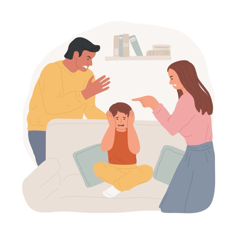 Illustrazione di una famiglia in difficoltà: due genitori discutono mentre il bambino si copre le orecchie